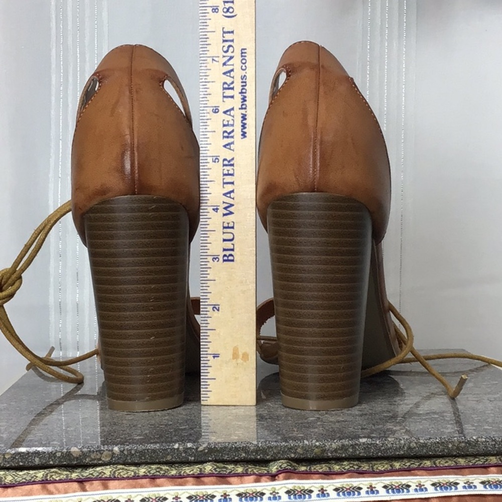 🌵 Missguided Tan Faux Leather Ankle Tie Laces Block Heel Sandals Sz.8 - Picture 5 of 8